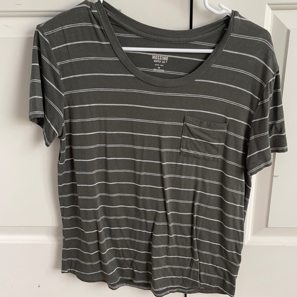 Green and gray striped t-shirt with pocket